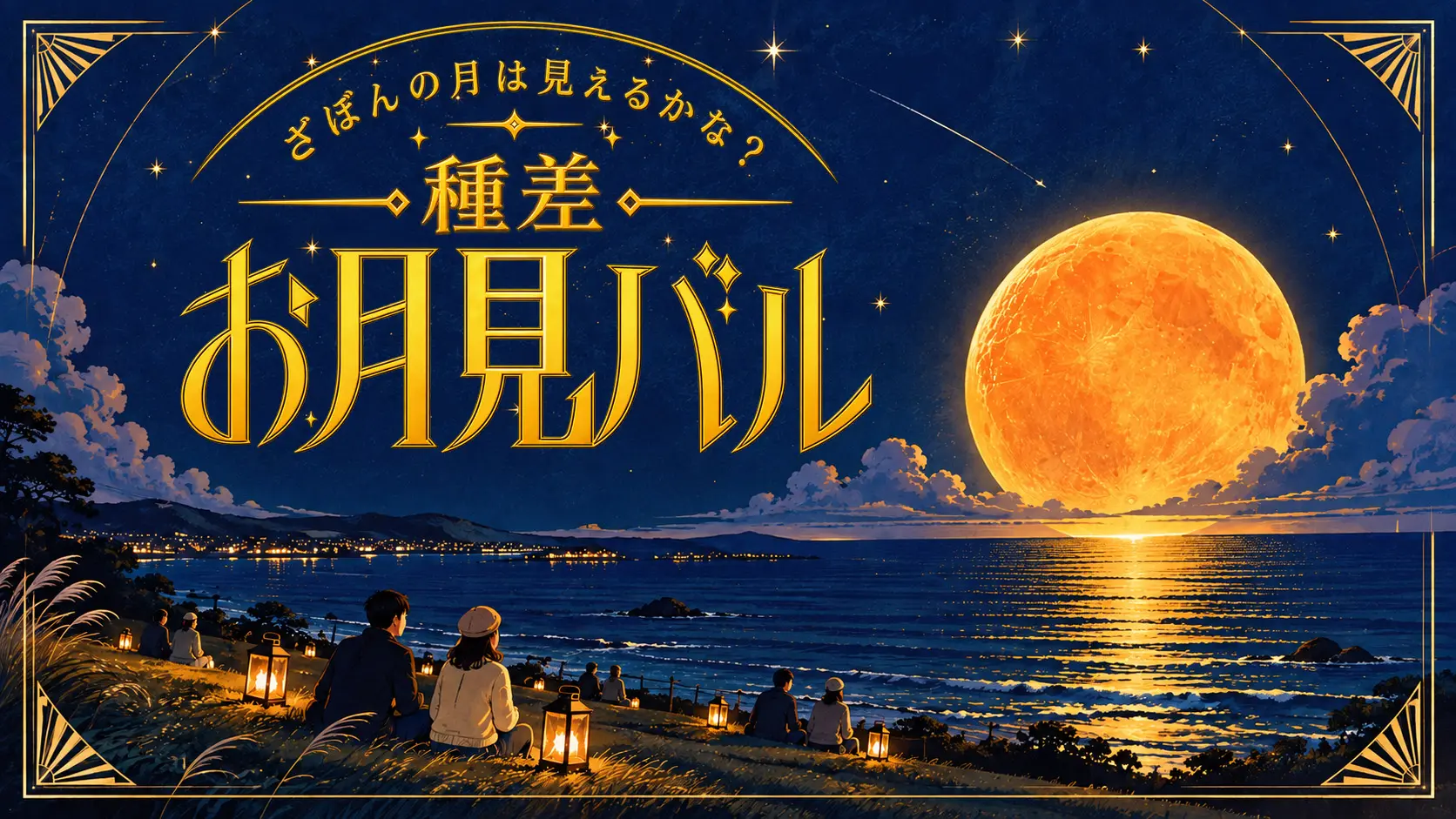 ざぼんの月は見えるかな？ 種差 お月見バル。海から昇る橙色の月を、ランタンを灯した人々が眺めている夜の種差海岸。
