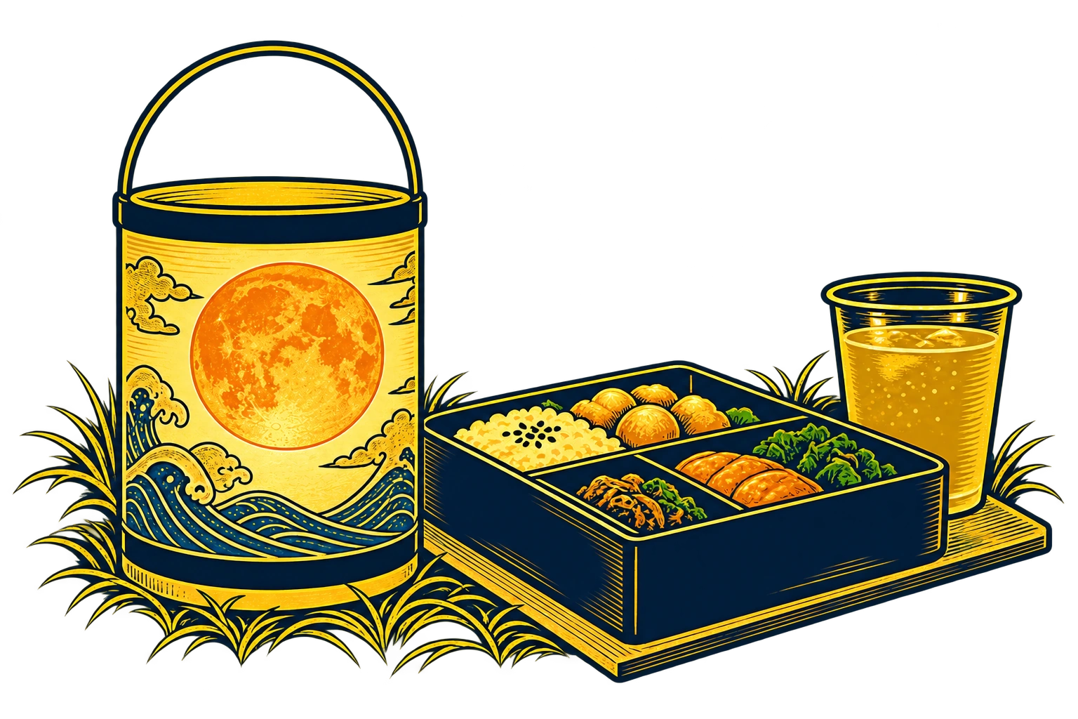 月と波を描いたランタン、お弁当、飲み物の紺と金のイラスト